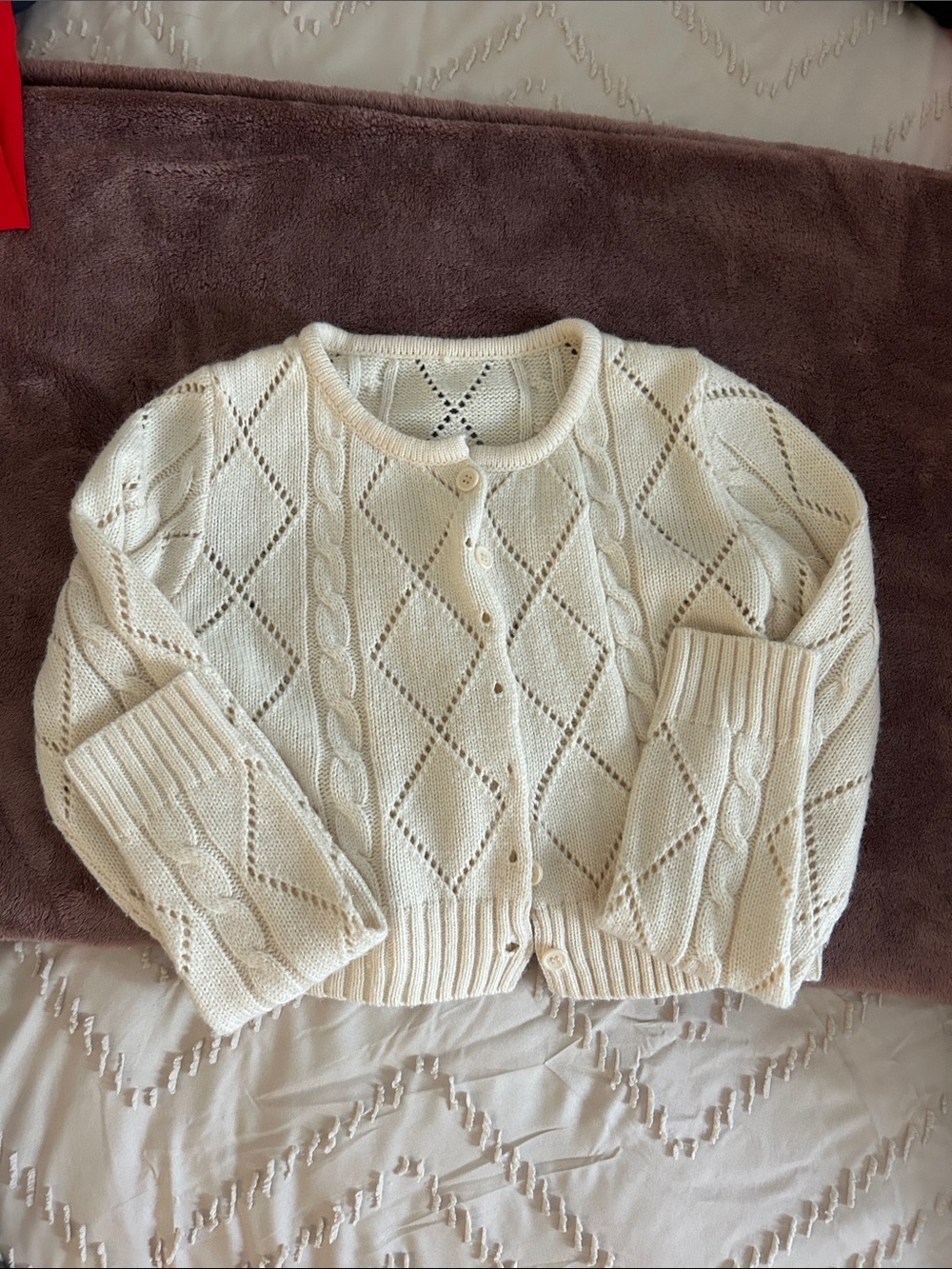 Commense Ivory Open-Knit Diamond Button Cardigan